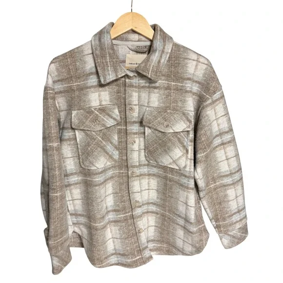 Thread & Supply Womens Plaid Shirt Jacket Shacket Beige Brown Collared Small - Picture 2 of 8